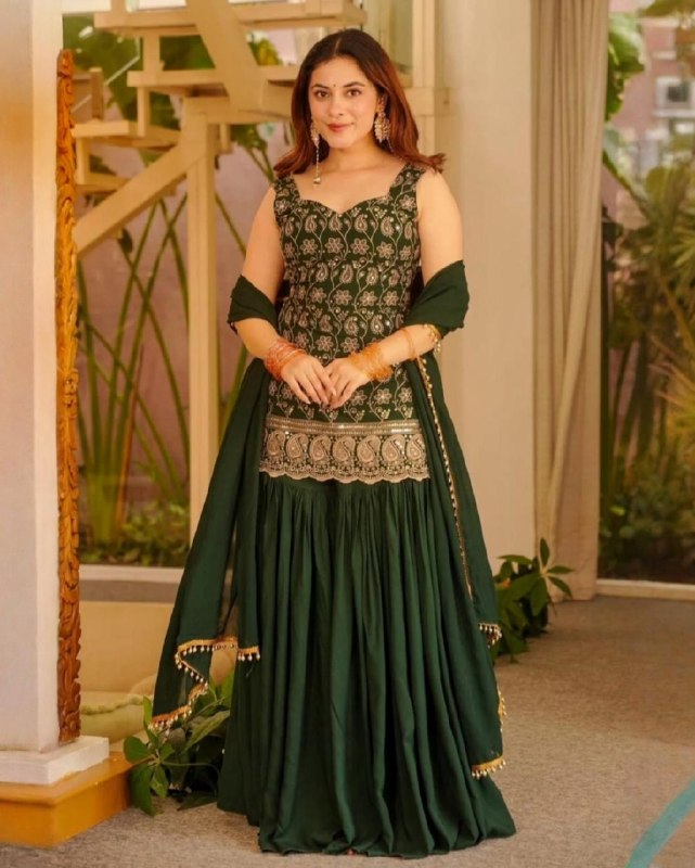Ready To Wear Red And Green Soft Georgette  Embroidery Sharara Kurti With Dupatta