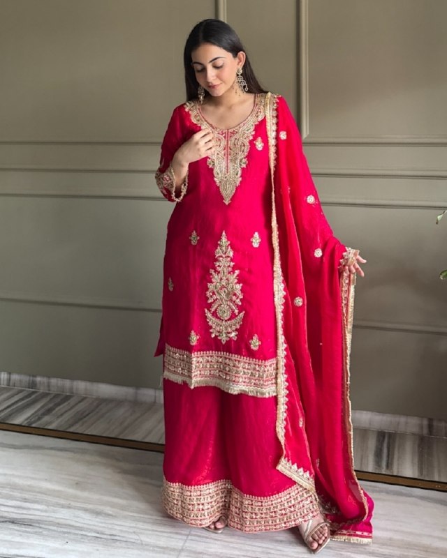 Ready To Wear Red And Blue Simmer Silk Palazo Kurti With Dupatta
