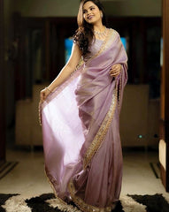 Designer Lavender Tissue Silk Embroidery Work Saree With Blouse