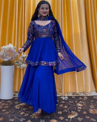 Ready To Wear Royal Blue Pure Georgette Embroidery Work Sharara Suit With Dupatta