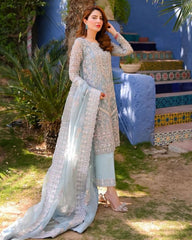 Designer Sky Butterfly Net Embroidery Work Pant Suit With Dupatta