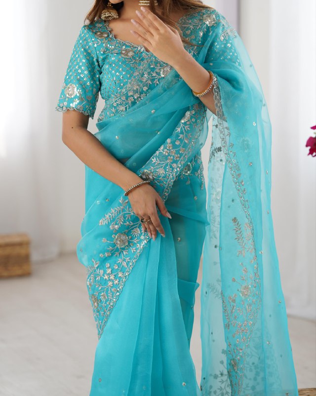 Exclusive Teal Blue Organza Silk Embroidery Saree With Blouse And Dupatta