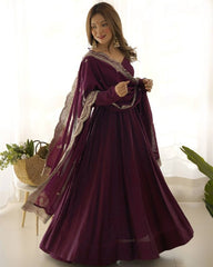Exclusive Wine Chanderi Roman Silk Embroidery Anarkali Suit With Dupatta