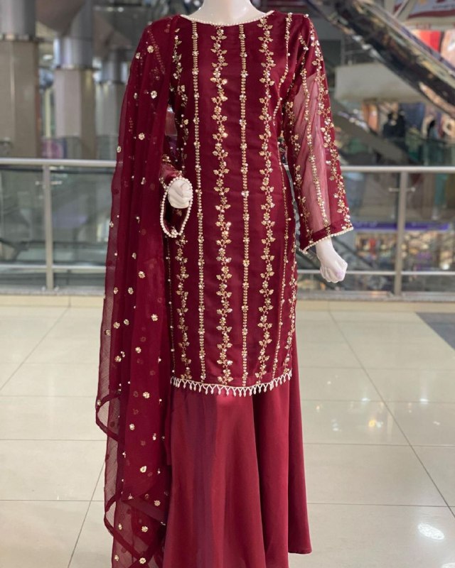 Ready To Wear Maroon Pure Georgette Embroidery Work Plazzo Suit With Dupatta