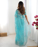 Premium Teal Blue Organza Silk Embroidery Saree With Blouse And Dupatta