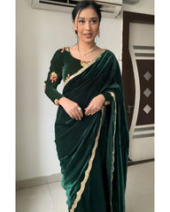 Designer Dark Green Premium Velvet Lace Work Saree With Blouse