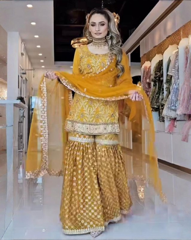 Ready To Wear Mustard Heavy Chinon Silk Embroidery Sharara Kurti With Dupatta