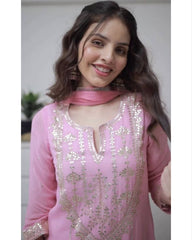 Ready To Wear Baby Pink Faux Georgette Embroidery Work Pant Suit With Dupatta