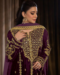 Ready To Wear Wine Micro Velvet Embroidery Work Pakistani Suit With Dupatta