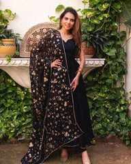 Ready To Wear Black Pure Georgette Embroidery Work Anarkali Suit With Dupatta