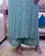 Ready To Wear Sky Blue Faux Georgette Embroidery Work Chikan Kari Suit