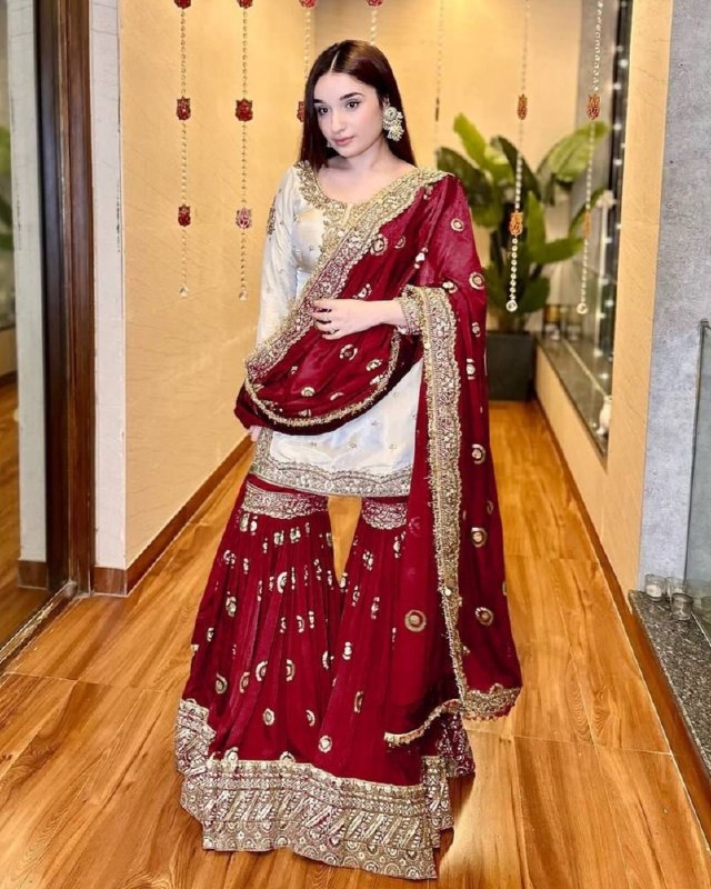 Ready To Wear Maroon Chinon Silk Sharara Kurti With Dupatta