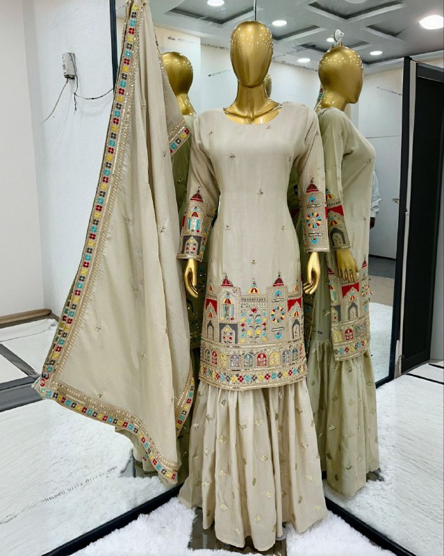 Ready To Wear Cream Chinon Silk Embroidery Work Gharara Suit With Dupatta