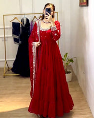 Ready To Wear Red Heavy Georgette Sequence Work Gown With Dupatta