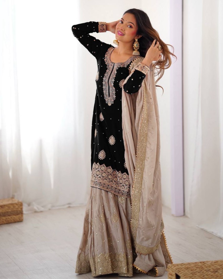 Premium Handcrafted Soft Chinon Silk Coding Embroidery Thread Sharara Suit With Dupatta