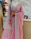 Ready To Wear Pink Soft Georgette Embroidery Saree With Blouse And Dupatta