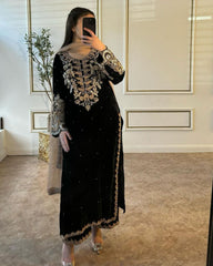 Ready To Wear Black Pure Georgette Fancy Embroidery Work Pakistani Suit With Dupatta