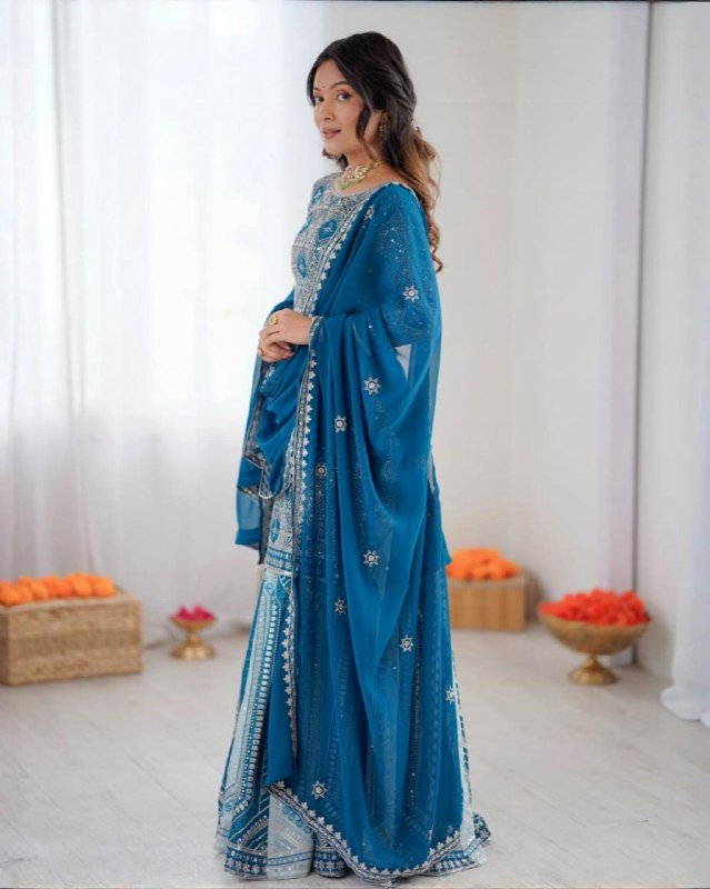 Premium Blue Premium Soft Georgette Embroidery Lehenga Kurti With Dupatta