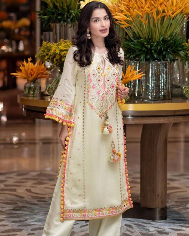 Ready To Wear Cream Faux Georgette Embroidery Work Pakistani Suit With Dupatta