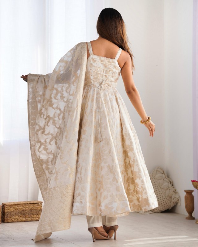 Premium White Banarasi Jacquard Dola Silk Embroidery Anarkali Suit With Dupatta