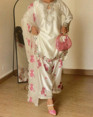 Exclusive White Japan Satin Silk Embroidery Farshi Salwar Suit With Dupatta
