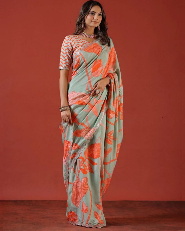 Designer Orange-Grey Vichitra Silk Floral Printed Saree With Blouse