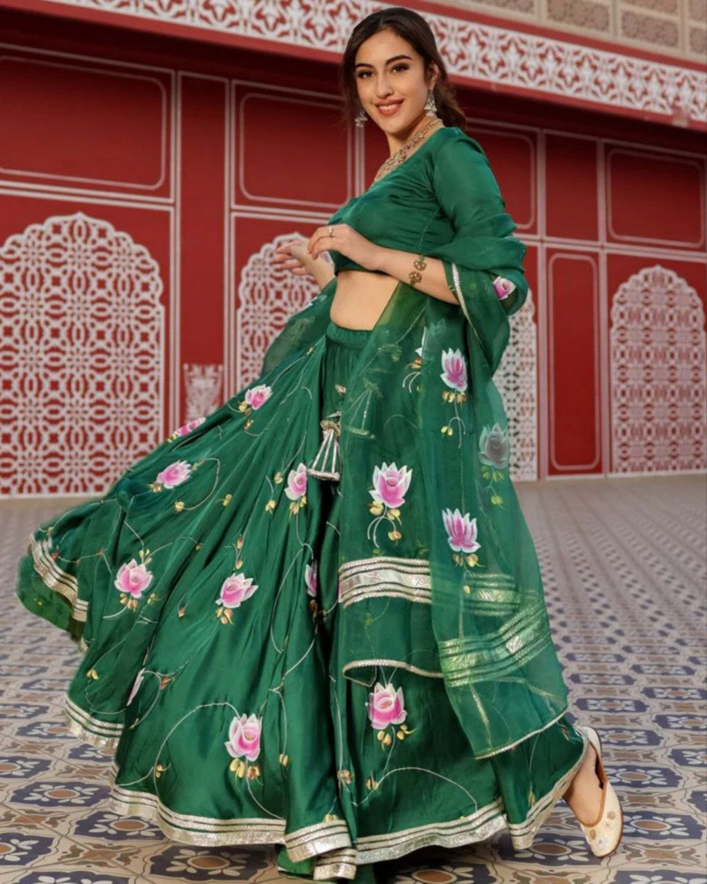 Designer Bottle Green Satin Silk Digital Print Work Lehenga Choli With Dupatta