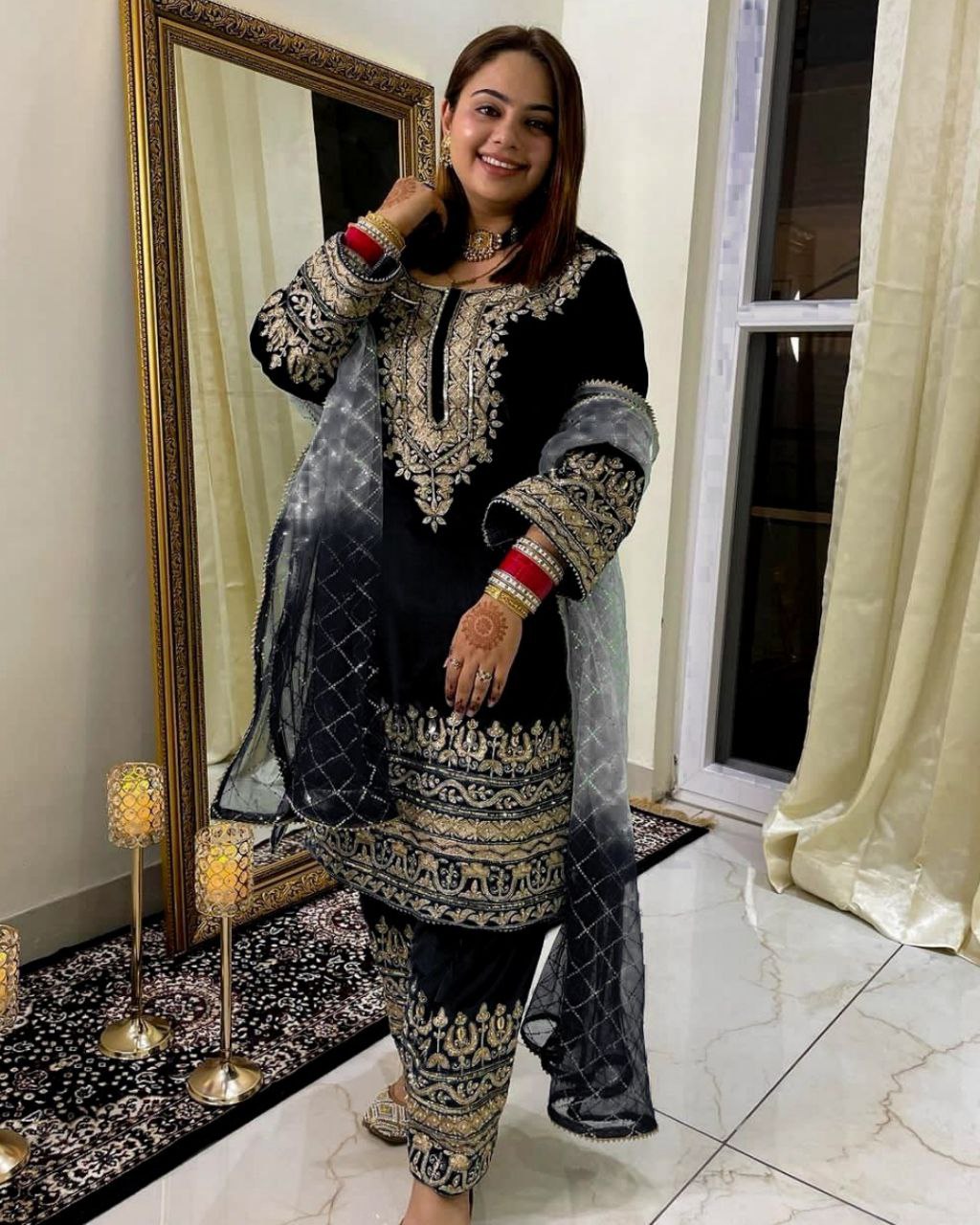 Ready To Wear Black Micro Velvet Embroidery Work Pakistani Pant Suit With Dupatta