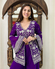 Ready To Wear Purple Pure Georgette Embroidery Work Plazzo Suit With Dupatta