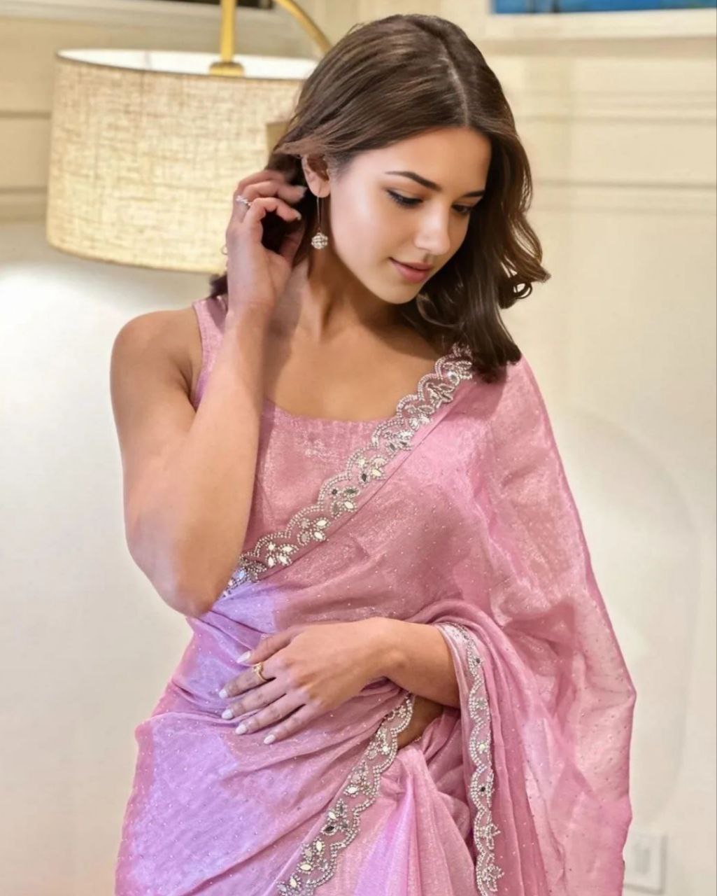 Designer Baby Pink Burberry Silk Mirror Work Saree With Blouse