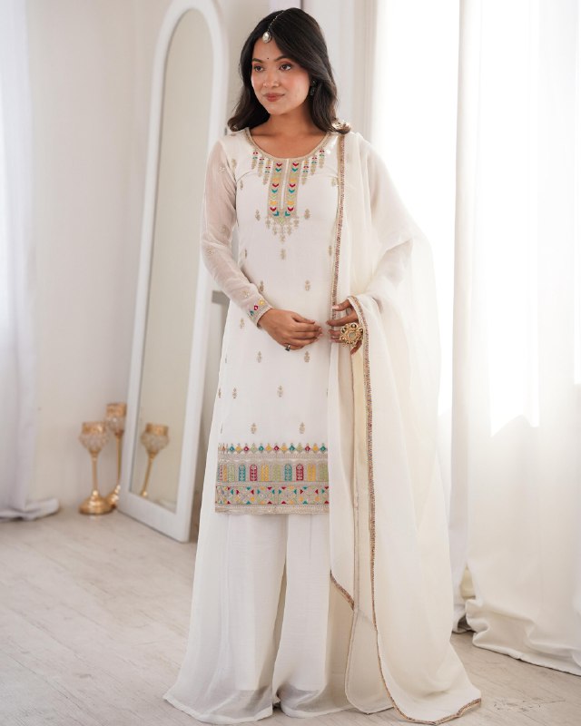 Premium White Soft Crunchy Silk Embroidery Palazo Kurti With Dupatta