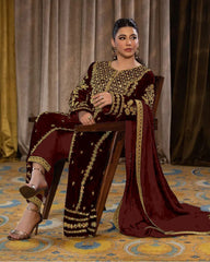 Ready To Wear Maroon Micro Velvet Embroidery Work Pakistani Suit WIth Dupatta