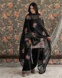 Ready To Wear Black Natural Crep Embroidery Farshi Salwar Kurti With Dupatta