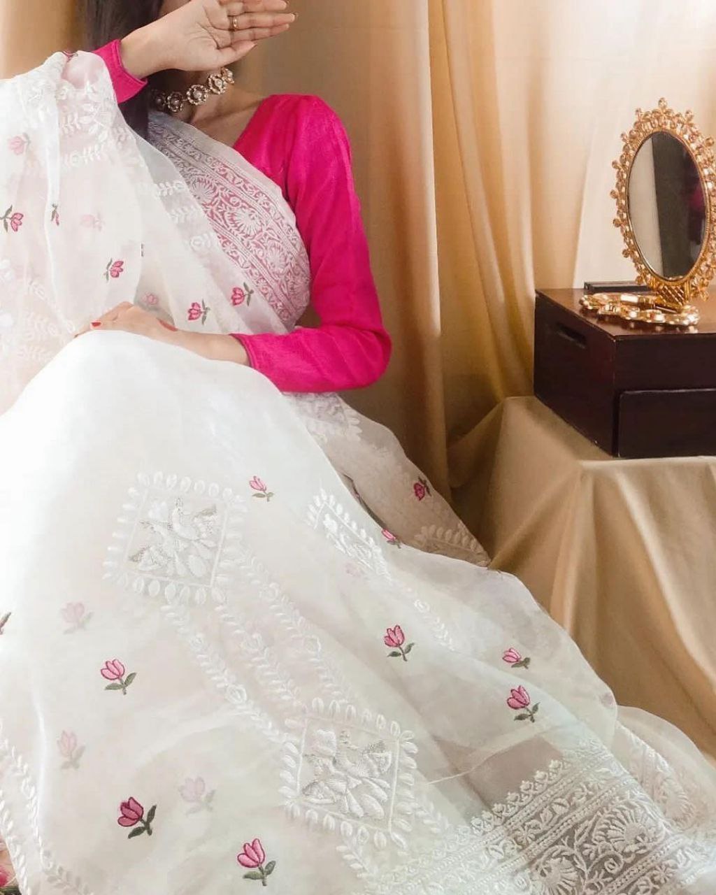 Designer Soft Tabby Silk Lucknowi Chikan Work White Saree With Pink Blouse