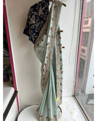 Designer Chinnon Silk Sequence Work Sea Green Saree With Blue Blouse