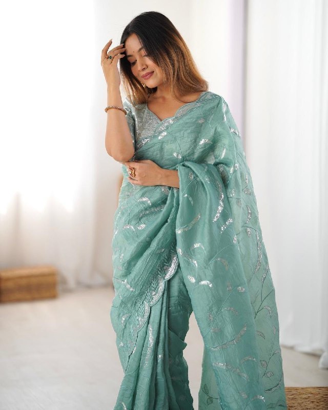 Premium Pink And Sky Premium Gold Crush Embroidery Saree With Blouse