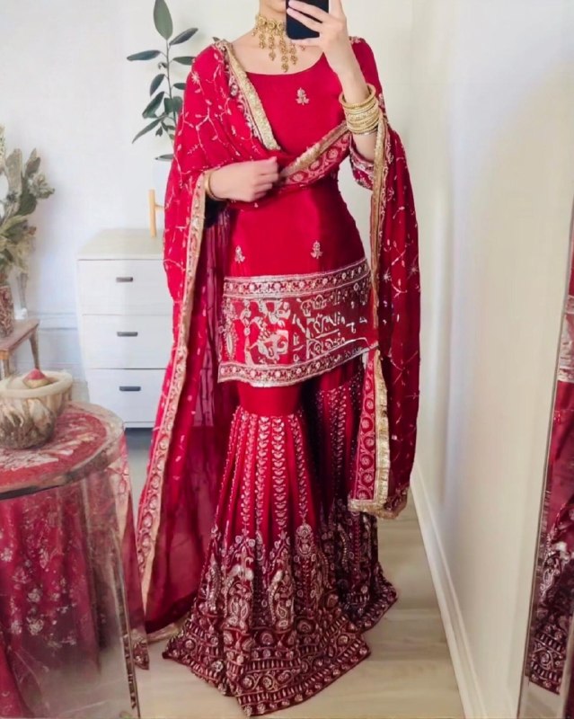 Ready To Wear Red Chinon Silk Sharara Kurti With Dupatta