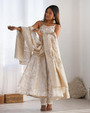Premium White Banarasi Jacquard Dola Silk Embroidery Anarkali Suit With Dupatta