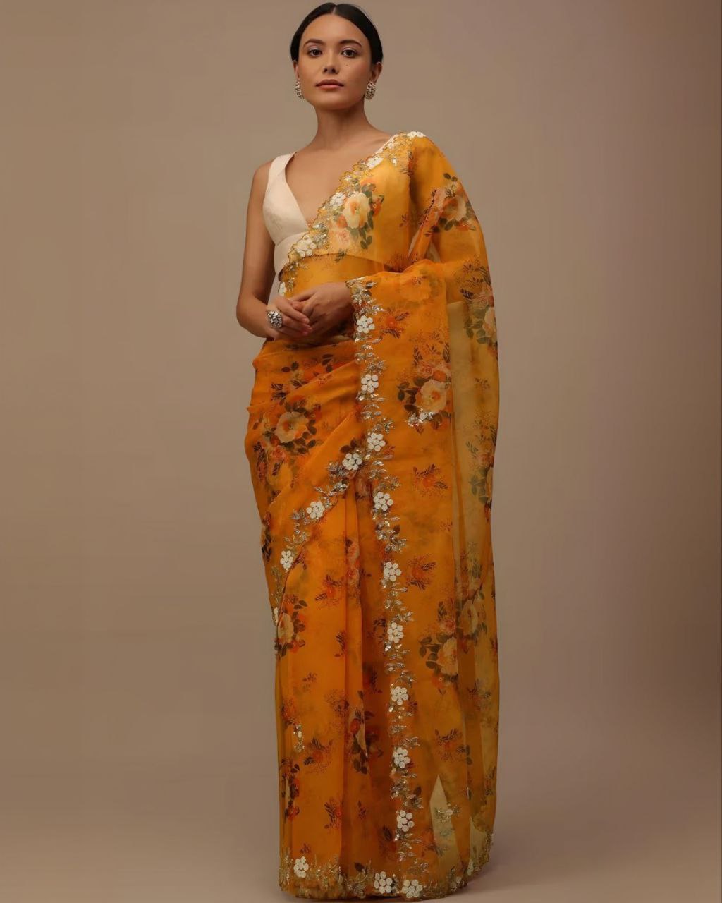 Designer Orange Organza Silk Fancy Embroidery Work Saree With Blouse