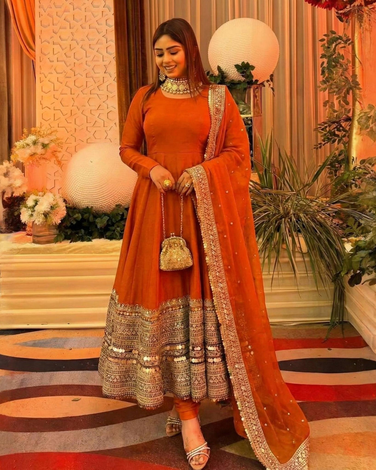 Exclusive Orange Yellow Green Purple Black Silk Embroidery Anarkali Suit With Dupatta