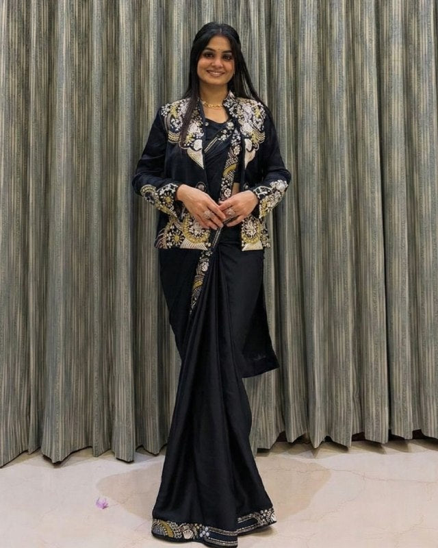 Ready To Wear Purple Midnight Blue Black French Crep Silk Saree Blouse With Koti