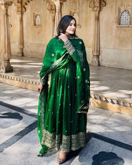 Ready To Wear Bottle Green Pure Georgette Embroidery Work Anarkali Gown With Dupatta