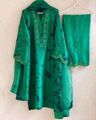 Ready To Wear Green Maslin Silk Digital Print Work Pant Suit With Dupatta