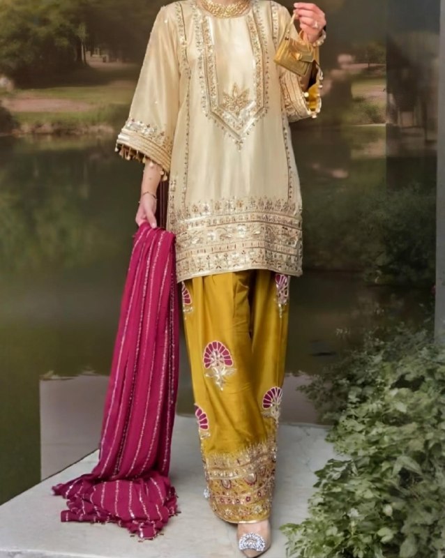 Ready To Wear Green Blue Mustard Heavy Natural Silk Embroidery Farshi Salwar Kurti With Dupatta