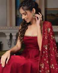 Ready To Cherry Red Pure Georgette Embroidery Work Anarkali Suit With Dupatta