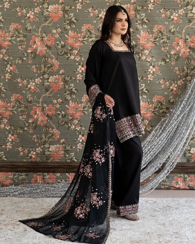 Ready To Wear Black Natural Crep Embroidery Farshi Salwar Kurti With Dupatta