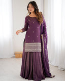 Ready To Wear Purple Pure Roman Shimmer Chanderi Silk Lehenga Kurti With Dupatta