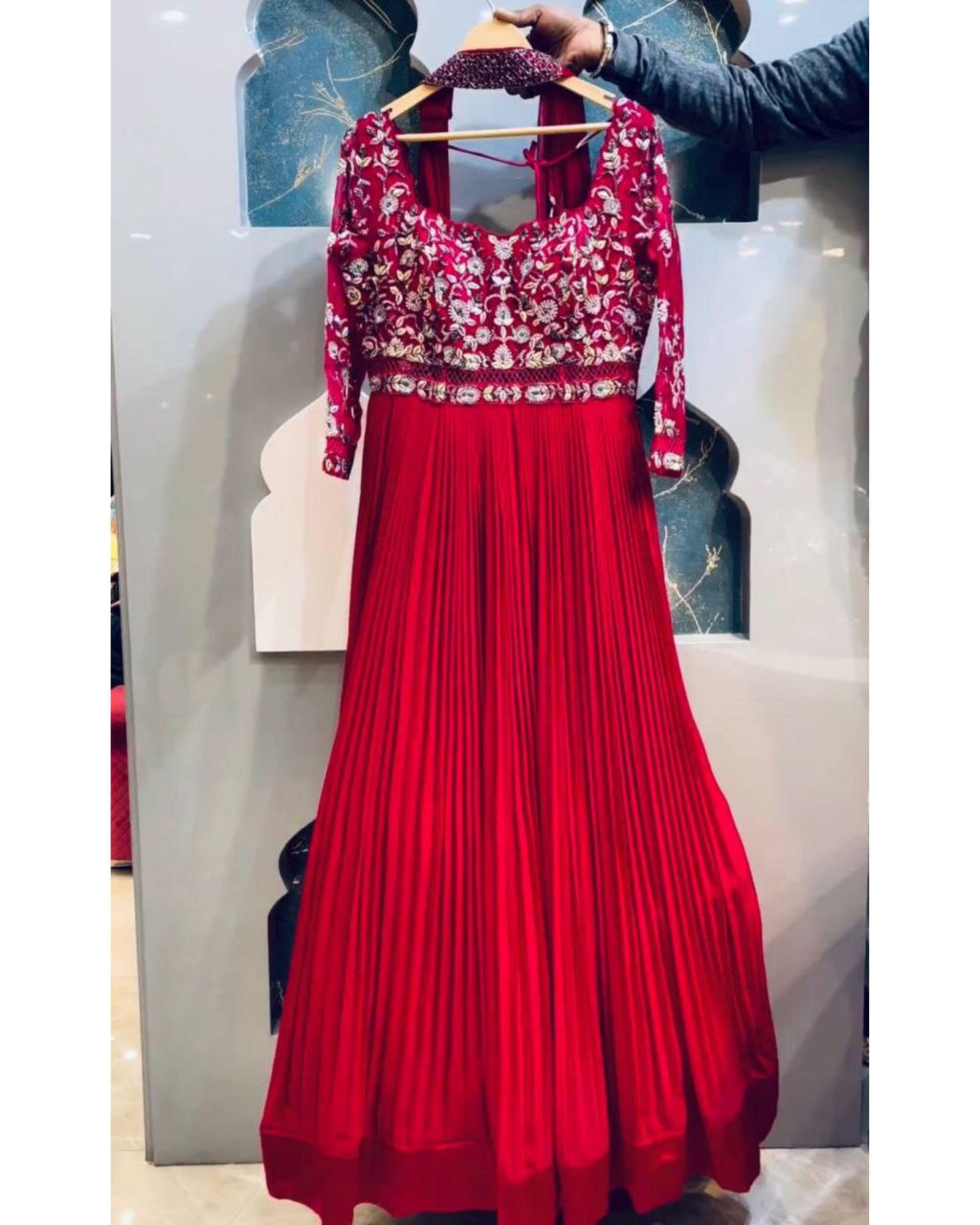 Ready To Wear Hot Red Soft Georgette Embroidery Work Anarkali Gown With Dupatta