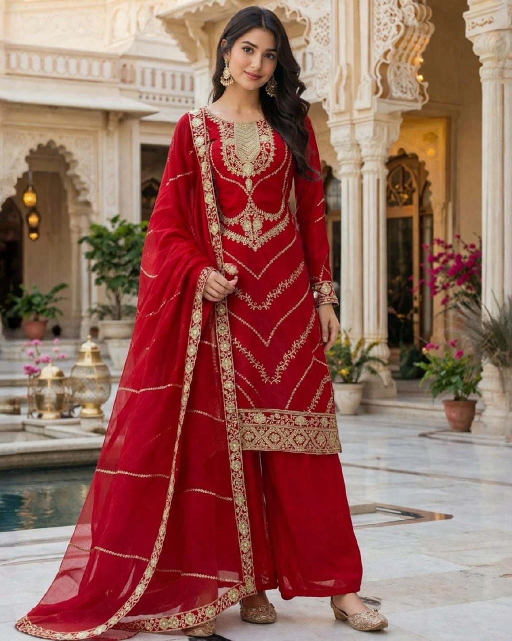 Ready To Wear Red Fendy Silk Embroidery Kurti Palazo With Dupatta
