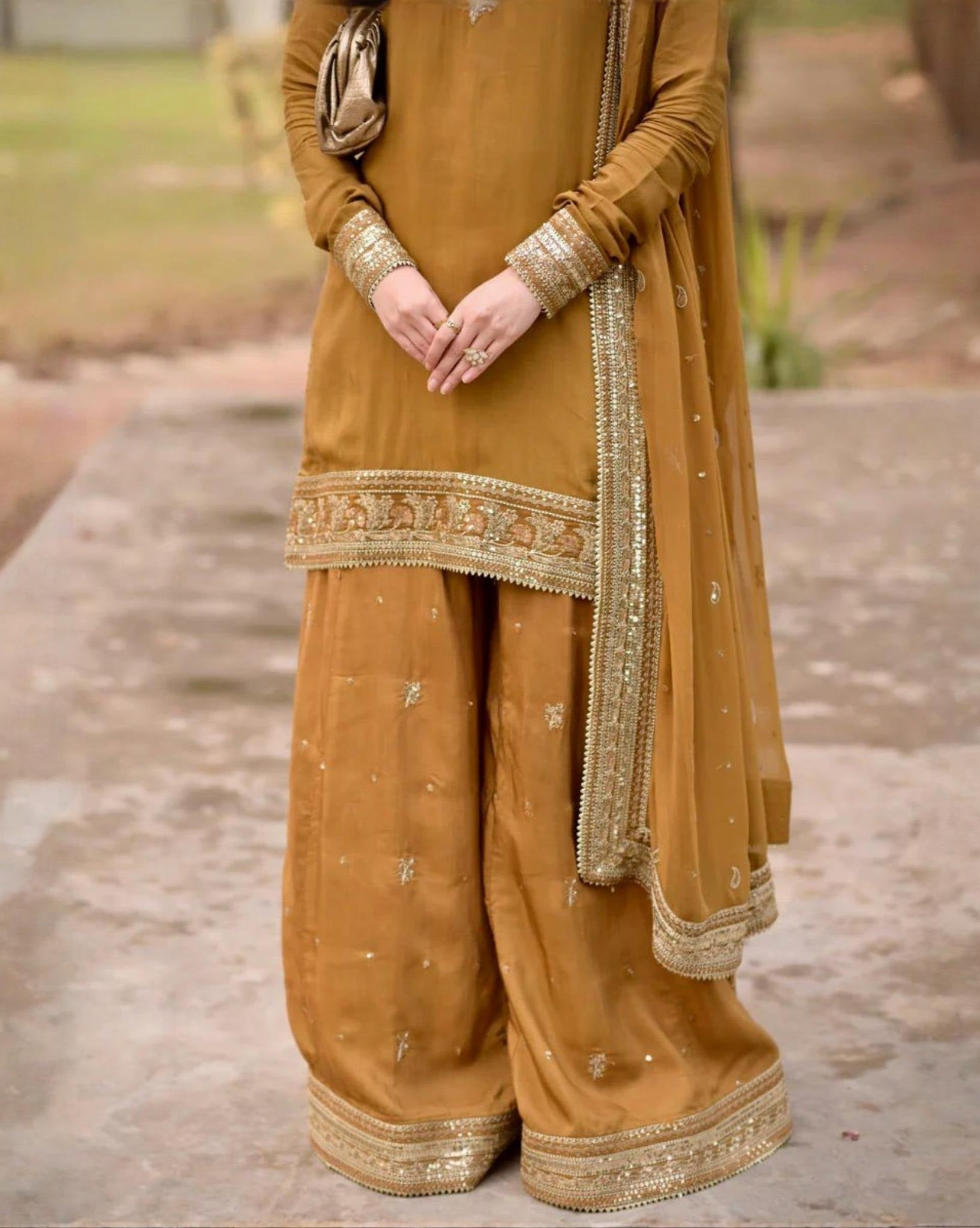 Ready To Wear Mustard Mul Chanderi Embroidery Palazo Kurti With Dupatta
